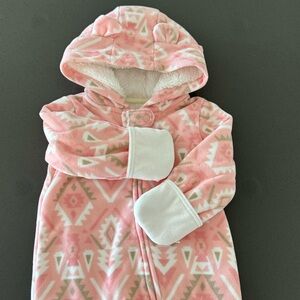Carter's 9 months, Pink and White geometric Patterned fleece Footie/onsie